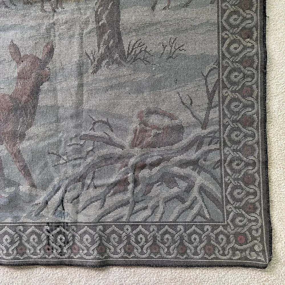 Large Vintage Italian Tapestry Woodland Deer Sunset Landscape Cabin Lodge Nature